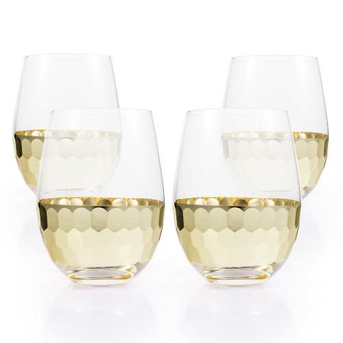 Glass & Gold-Tone Hammered Design Stemless Wine Glasses, Set of 4