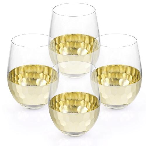 Glass & Gold-Tone Hammered Design Stemless Wine Glasses, Set of 4