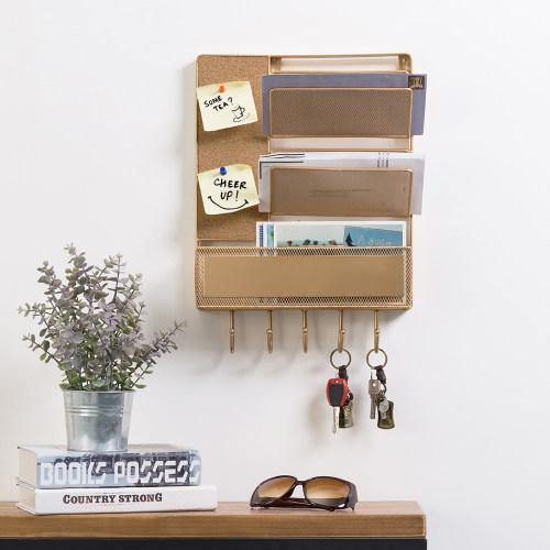 Gold Metal Mesh Mail Sorter with Storage Basket, Cork Board, and Key Hooks