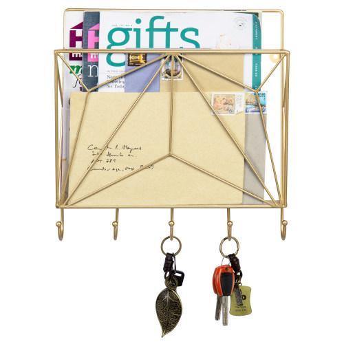 Gold Metal Wire Magazine Holder with Key Hooks - MyGift