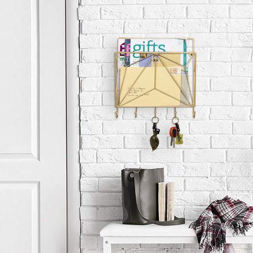 Gold Metal Wire Magazine Holder with Key Hooks