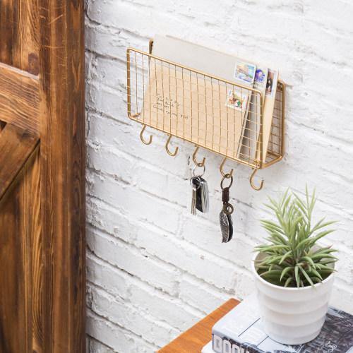 Gold Metal Wire Mail Sorter w/ 5 Removable Key Hooks - MyGift