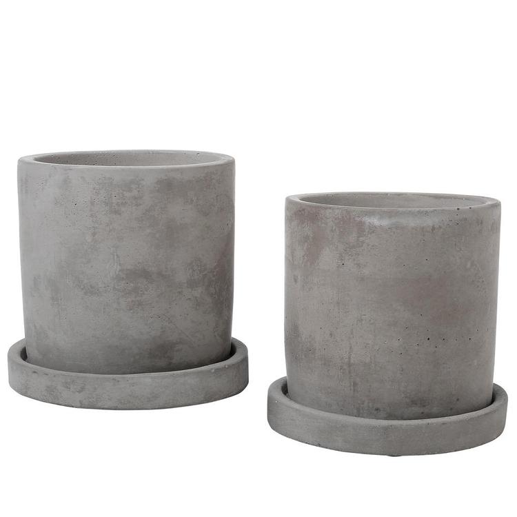 Modern 4-Inch Gray Unglazed Cement Planter Pots with Removable Saucers, Set of 2 - MyGift Enterprise LLC