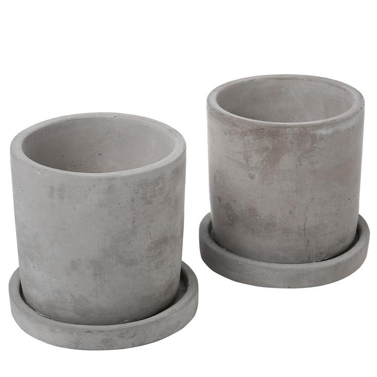 Modern 4-Inch Gray Unglazed Cement Planter Pots with Removable Saucers, Set of 2 - MyGift Enterprise LLC