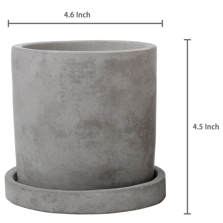 Modern 4-Inch Gray Unglazed Cement Planter Pots with Removable Saucers, Set of 2 - MyGift Enterprise LLC