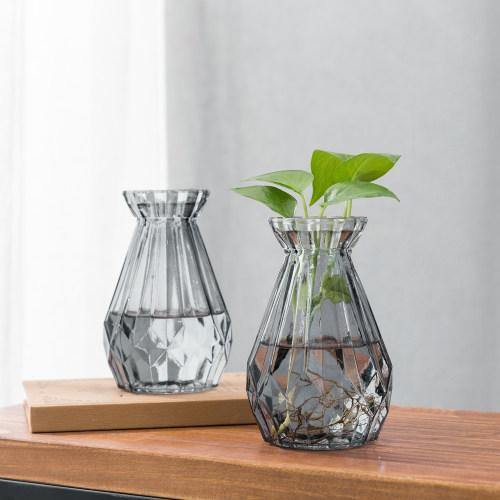 Gray Glass Diamond-Faceted Flower Vases, Set of 2
