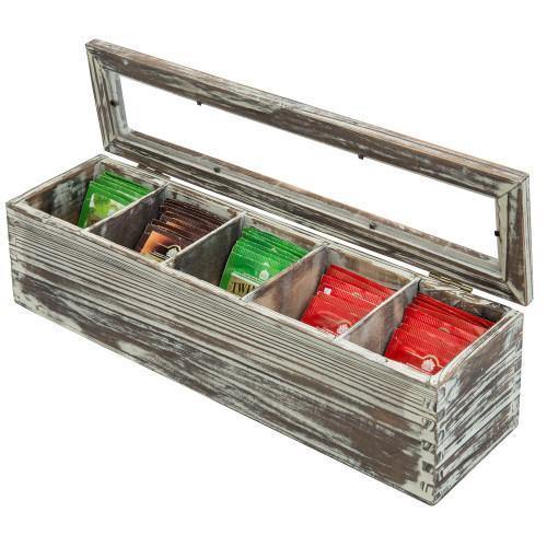 MyGift Vintage Wood Tea Organizer - 5 Compartment Storage Box With Clear Lid
