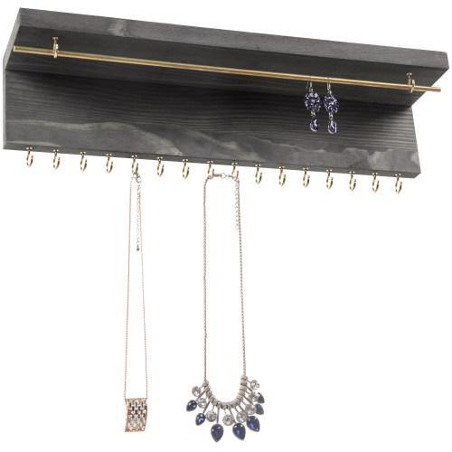 Gray Wood & Brass Metal Wall Mounted Jewelry Display Rack - MyGift