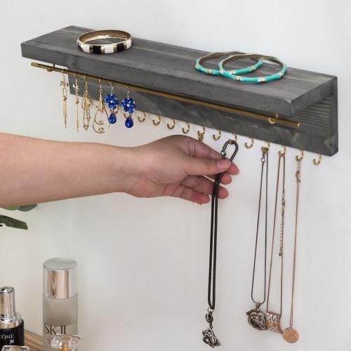 Gray Wood & Brass Metal Wall Mounted Jewelry Display Rack - MyGift