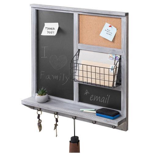 Gray Wood Chalkboard/Cork Board with Mail Basket, Shelf, and 5 Key Hooks - MyGift