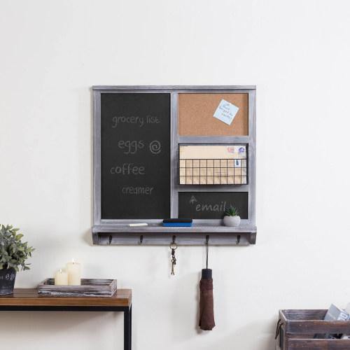 Gray Wood Chalkboard/Cork Board with Mail Basket, Shelf, and 5 Key Hooks - MyGift