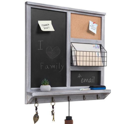 Gray Wood Chalkboard/Cork Board with Mail Basket, Shelf, and 5 Key Hooks - MyGift