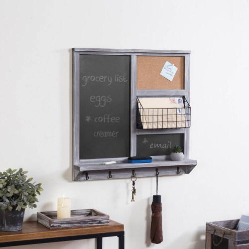 Gray Wood Chalkboard/Cork Board with Mail Basket, Shelf, and 5 Key Hooks