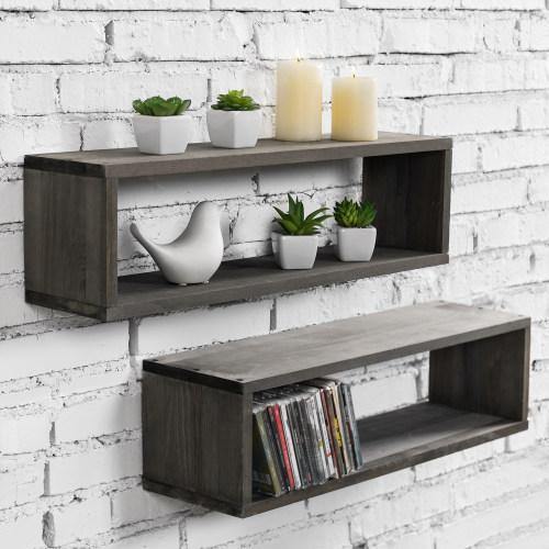 Gray Wood Cubby Floating Shelves, Set of 2