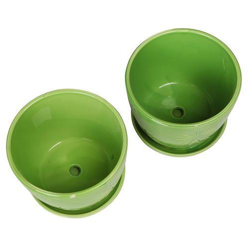 Green Daisy Design Ceramic Planter Pots w/Attached Saucers, - MyGift