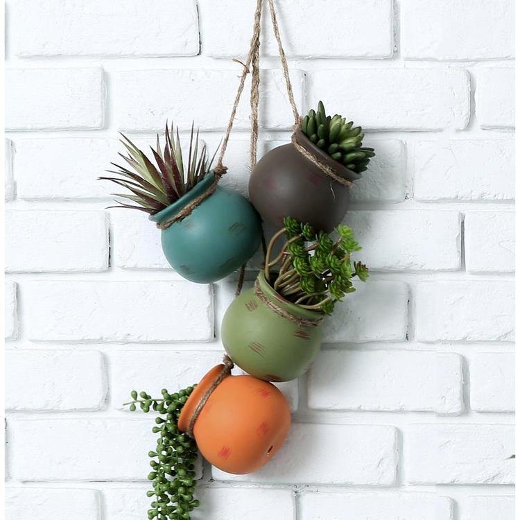 hanging mini planter pots Hanging Multicolor Round Mini Ceramic 4 Planter Set (Blue, Green, Orange, and Brown)