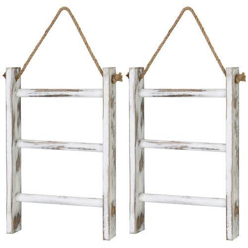 Hanging Whitewashed Wood Towel Ladder, Set of 2