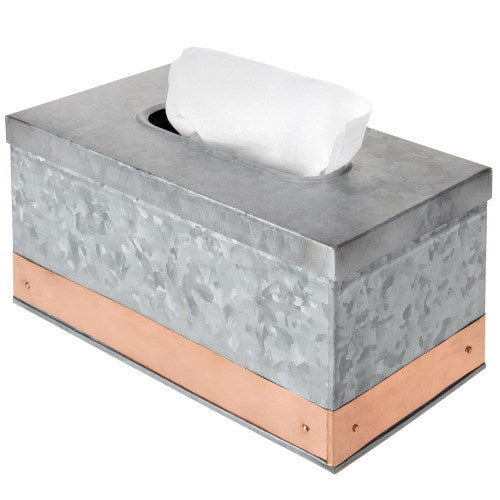 Silver Galvanized Metal Tissue Box with Decorative Copper Strip-MyGift