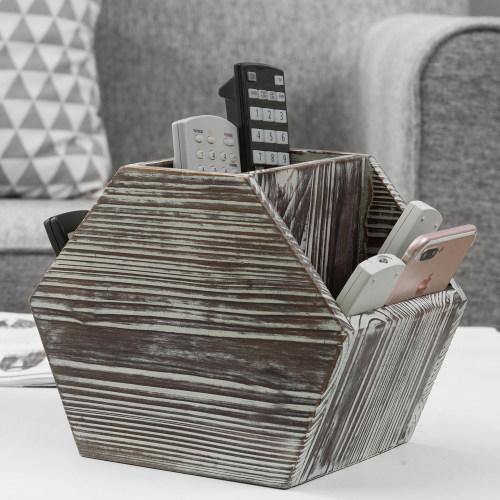 Hexagon-Shaped Rustic Torched Wood Remote Control Holder Caddy - MyGift