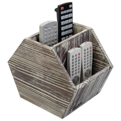 Hexagon-Shaped Rustic Torched Wood Remote Control Holder Caddy
