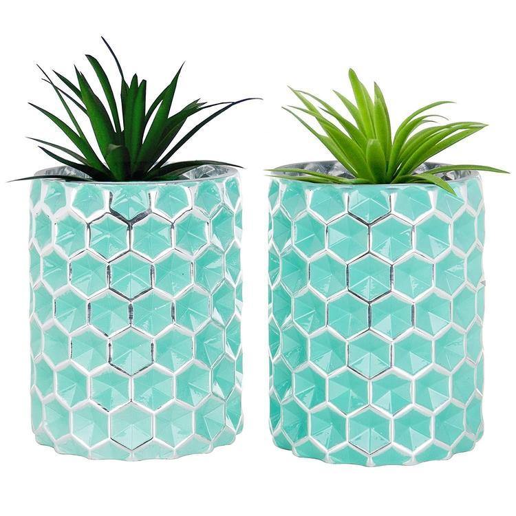 Honeycomb Aqua Turquoise Glass Vases, Set of 2 - MyGift