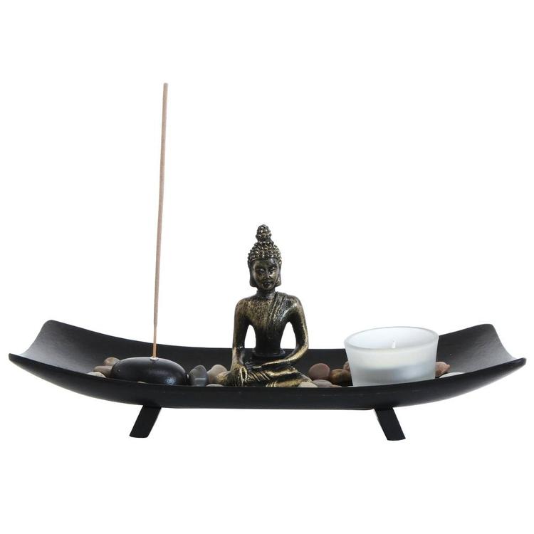 Zen Garden Buddha Statue w/ Glass Tealight Candle & Incense Burner Holder, Black - MyGift Enterprise LLC
