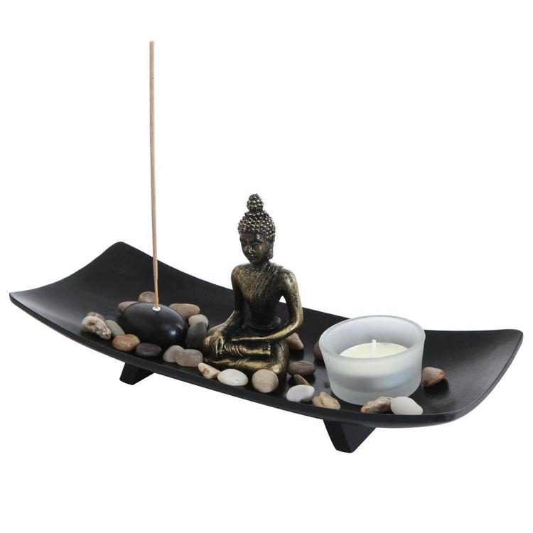 Zen Garden Buddha Statue w/ Glass Tealight Candle & Incense Burner Holder, Black - MyGift Enterprise LLC