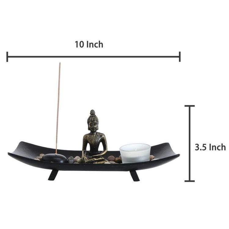 Zen Garden Buddha Statue w/ Glass Tealight Candle & Incense Burner Holder, Black - MyGift Enterprise LLC