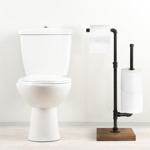 Industrial Metal Pipe & Burnt Wood Toilet Paper Holder with Storage