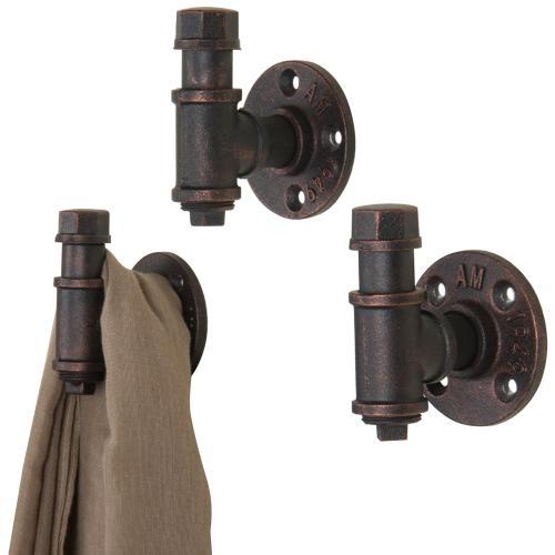 Industrial Metal Pipe Wall Hooks, Set of 3, Copper Tone