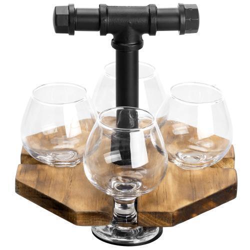 Industrial Pipe & Burnt Wood Beer/Whiskey Flight Set with 4 Glasses - MyGift