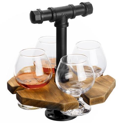 Industrial Pipe & Burnt Wood Beer/Whiskey Flight Set with 4 Glasses - MyGift