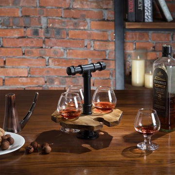 Industrial Pipe & Burnt Wood Beer/Whiskey Flight Set with 4 Glasses