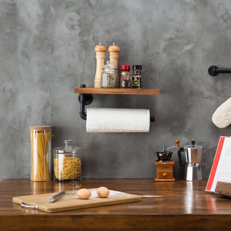 Kitchen Paper Towel Holder Countertop Rack, Rustic Burnt Wood and Metal Towel Dispenser with Top Shelf