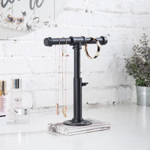 Industrial Pipe Jewelry Stand with Whitewashed Wood Base