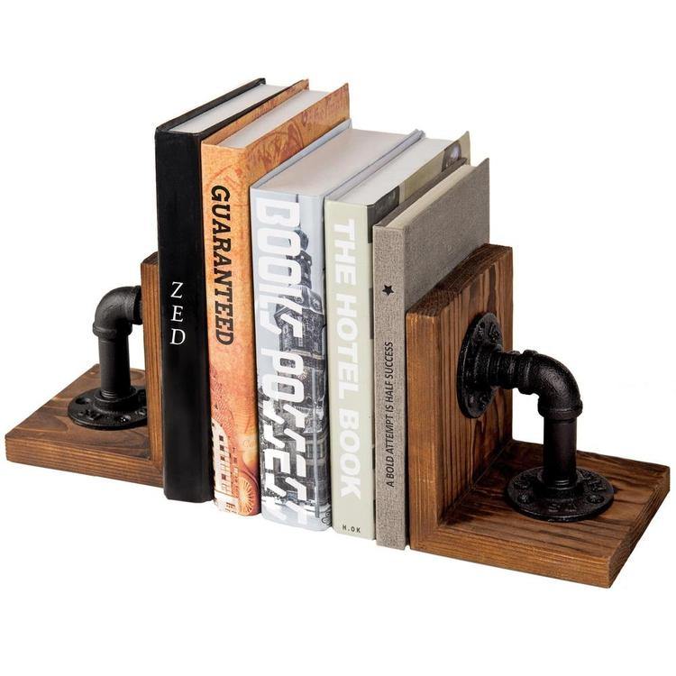 Industrial Pipe & Brown Wood Bookends - MyGift