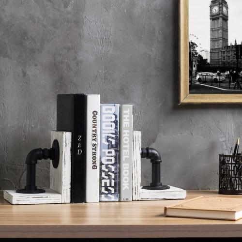 Industrial Pipe & Whitewashed Wood Bookends