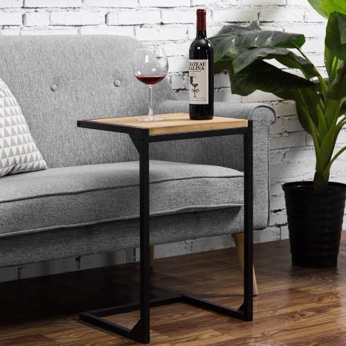 Industrial Style Brown Burnt Wood & Black Metal Side Table - MyGift