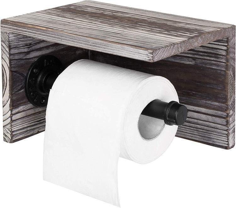 Industrial Towel Rack with Shelf, Torched Wood - MyGift
