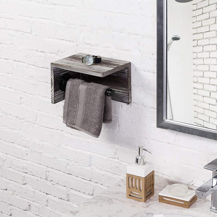 Industrial Towel Rack with Shelf, Torched Wood - MyGift
