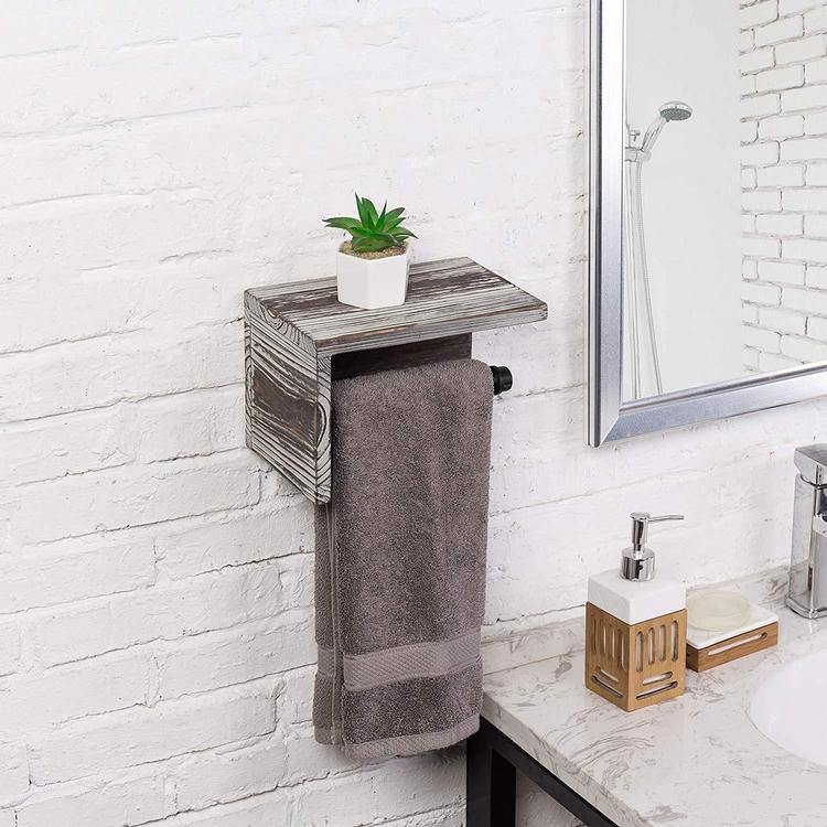 Industrial Towel Rack with Shelf, Torched Wood