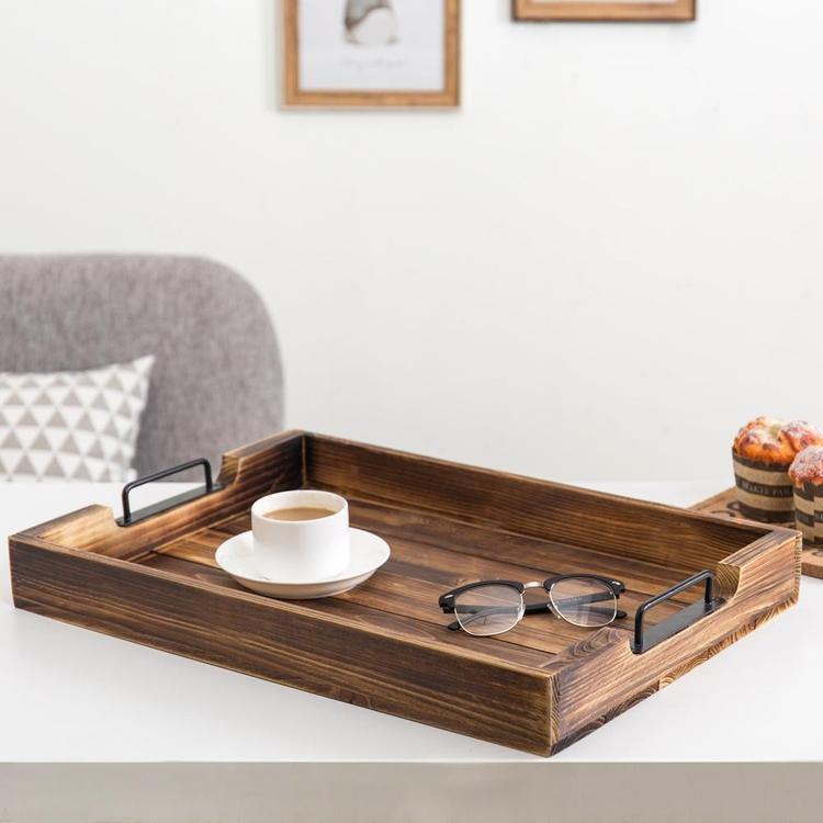 Industrial Wood Serving Tray with Metal Handles