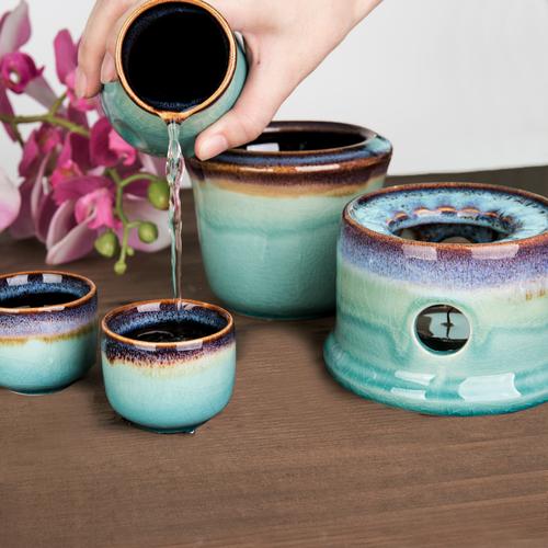 Japanese Style Ceramic Sake Serving Gift Set with Warmer, 7 Pcs, Purple - MyGift Enterprise LLC