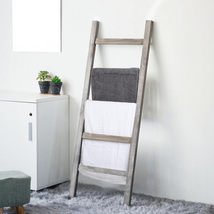Leaning Towel Ladder Rack in Rustic Gray Wood