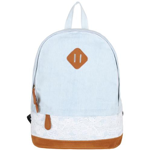 Light Blue Denim Backpack with Lace & Faux Suede