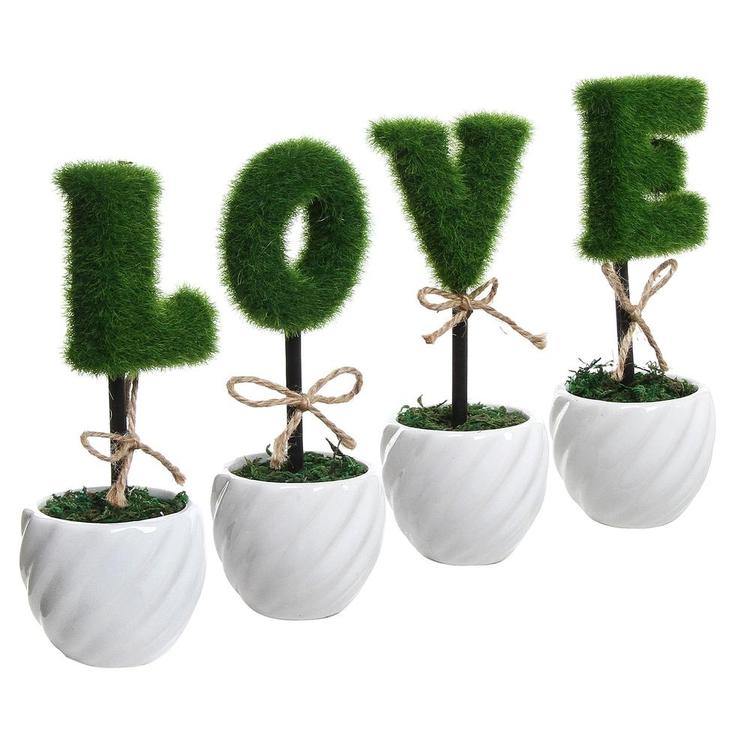 LOVE White Ceramic Green Hedge Artificial Plant Letters, Set of 4 - MyGift