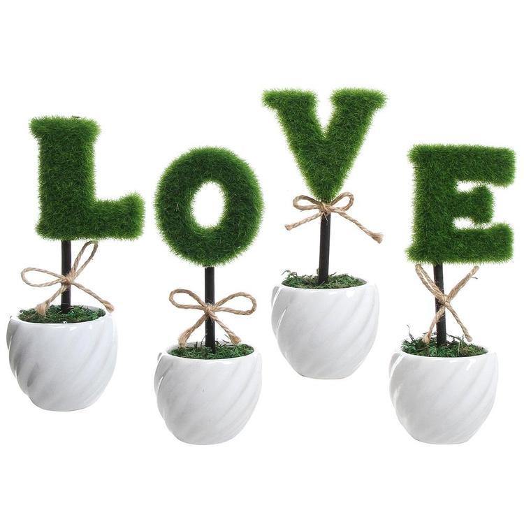 LOVE White Ceramic Green Hedge Artificial Plant Letters, Set of 4