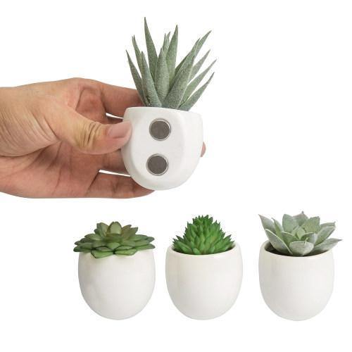 Magnetic Mini Faux Succulents in White Ceramic Pots