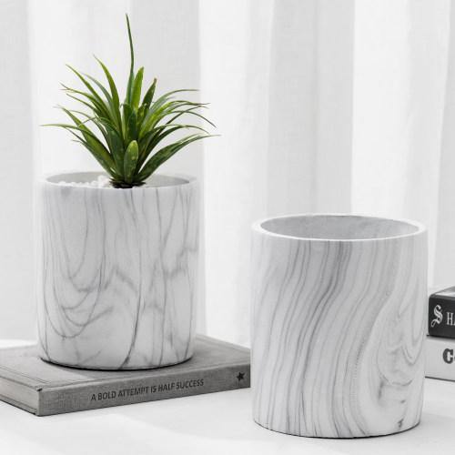 Marble Design Cement Round Planter Pots, Set of 2