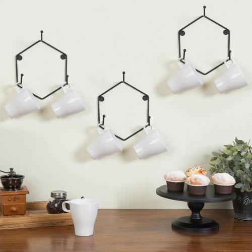 Matte Black Metal Wall Mounted Mug Rack, Set of 6